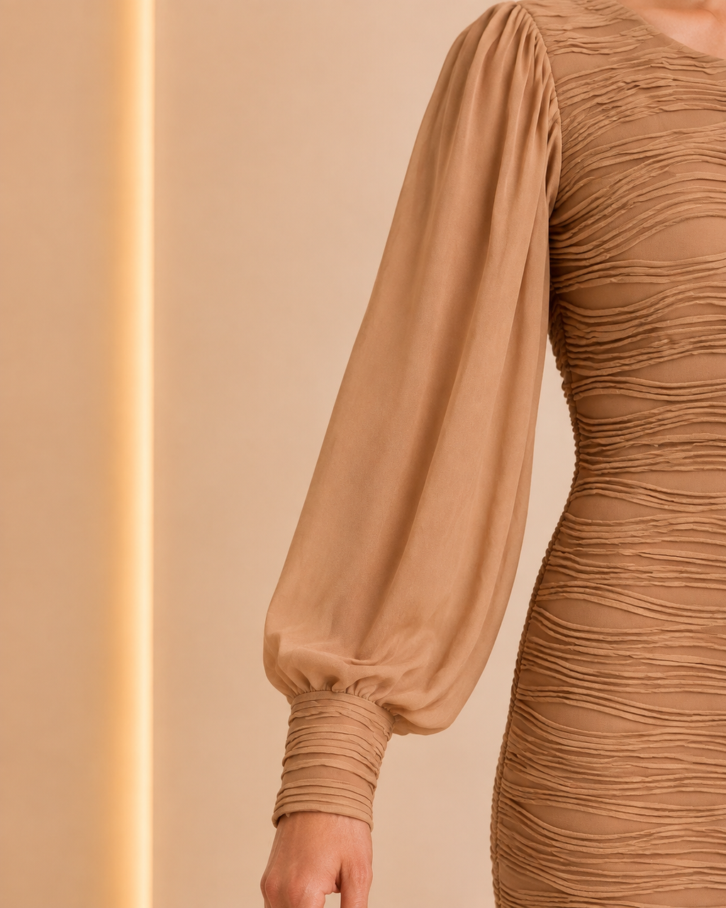 Camel Wave-Texture Midi Dress