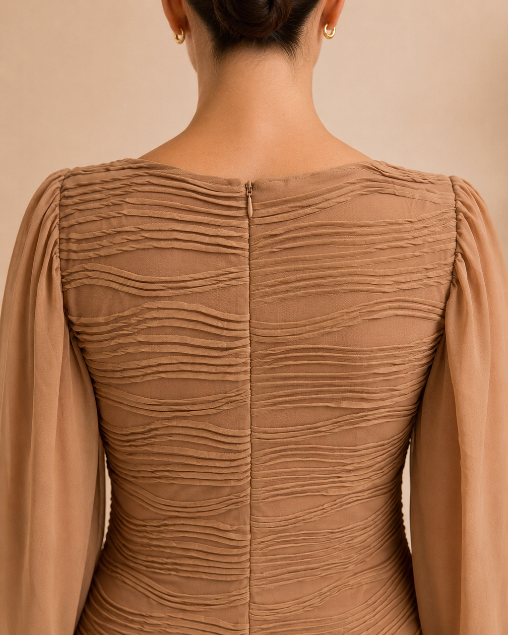 Camel Wave-Texture Midi Dress
