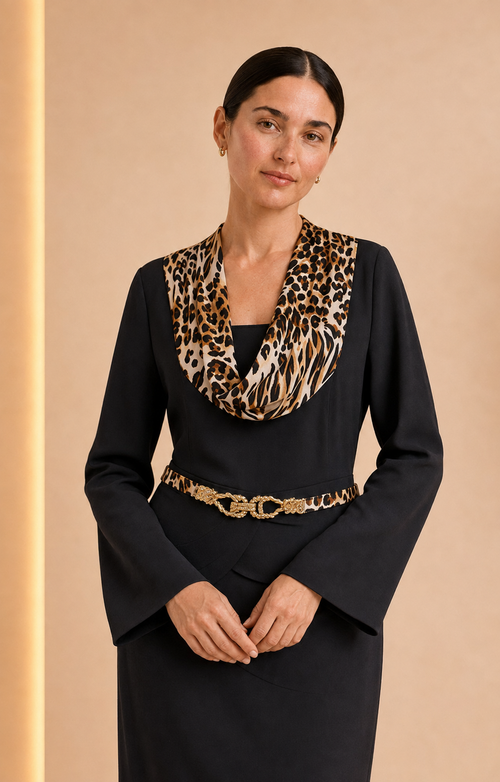 Animal Print Collar Belted Dress