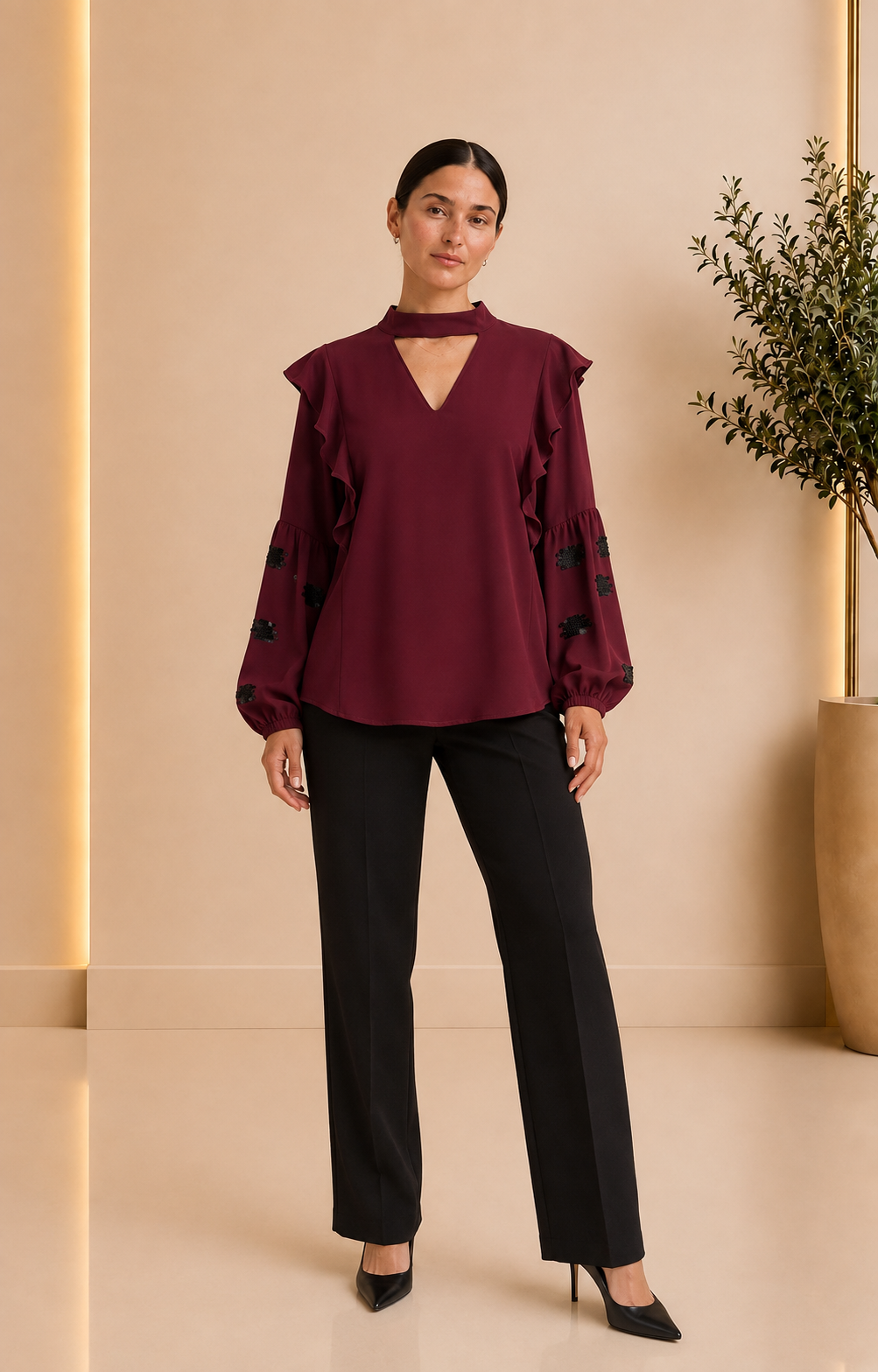 Burgundy Ruffle Sequin Blouse