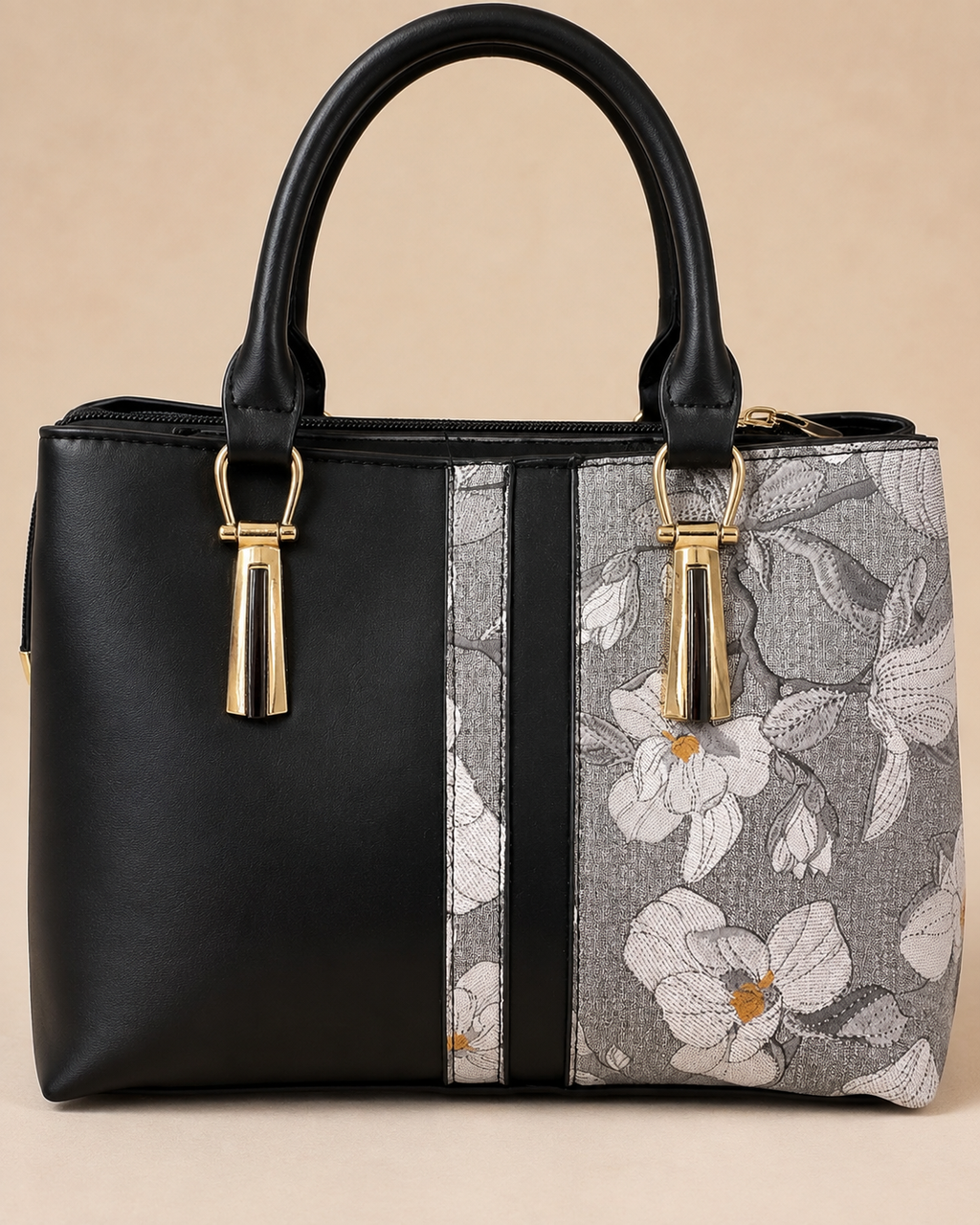 Black & Floral Print Structured Tote Bag