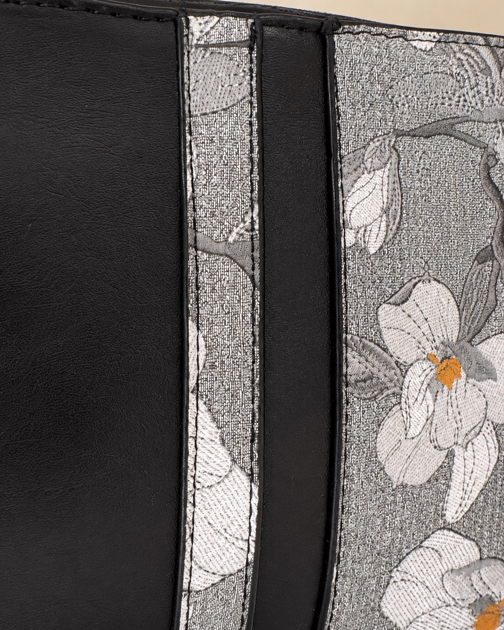 Black & Floral Print Structured Tote Bag