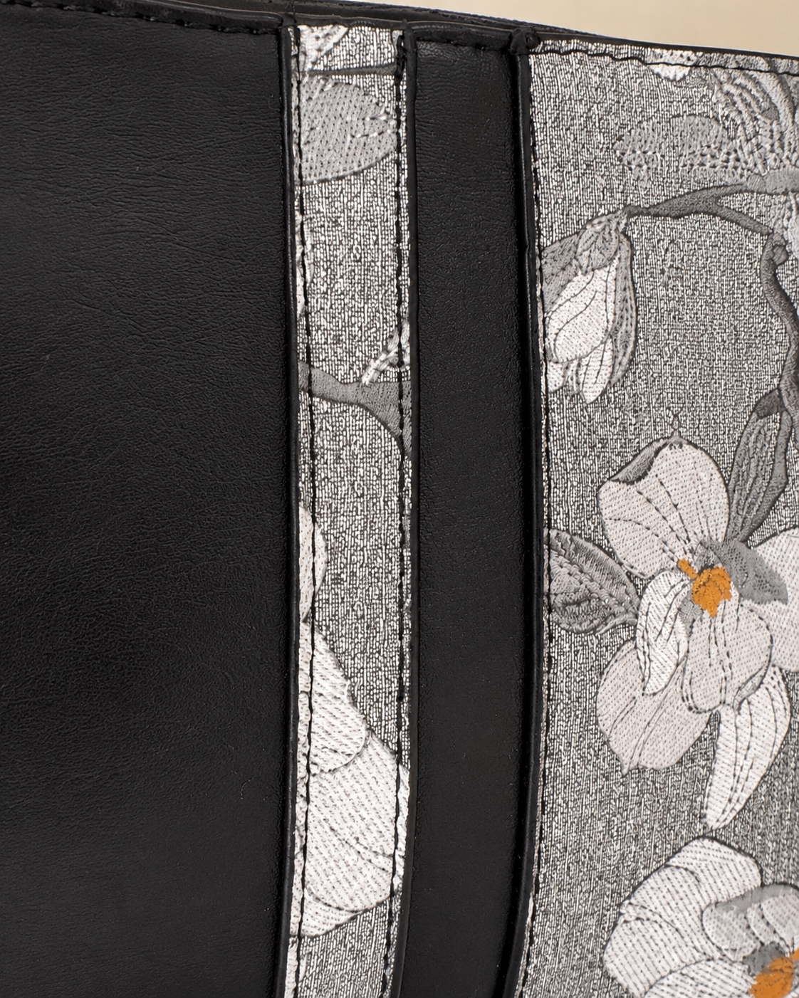 Black & Floral Print Structured Tote Bag