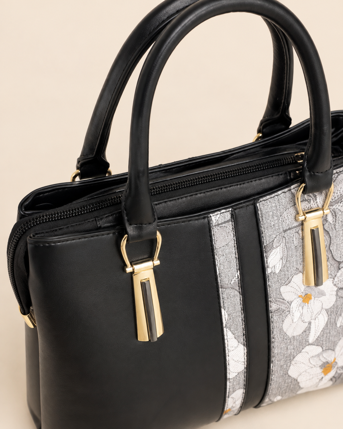 Black & Floral Print Structured Tote Bag