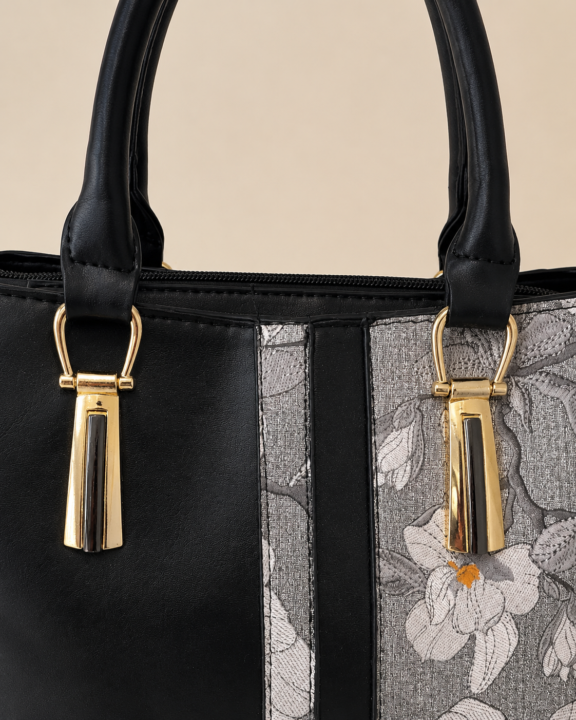 Black & Floral Print Structured Tote Bag