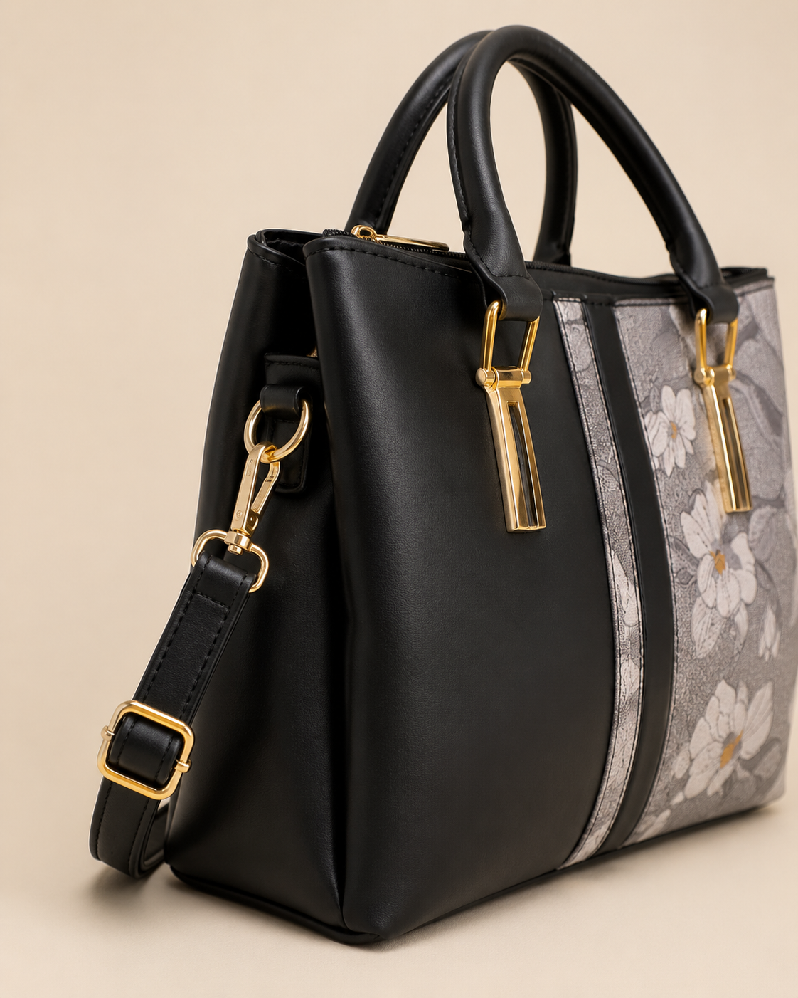 Black & Floral Print Structured Tote Bag
