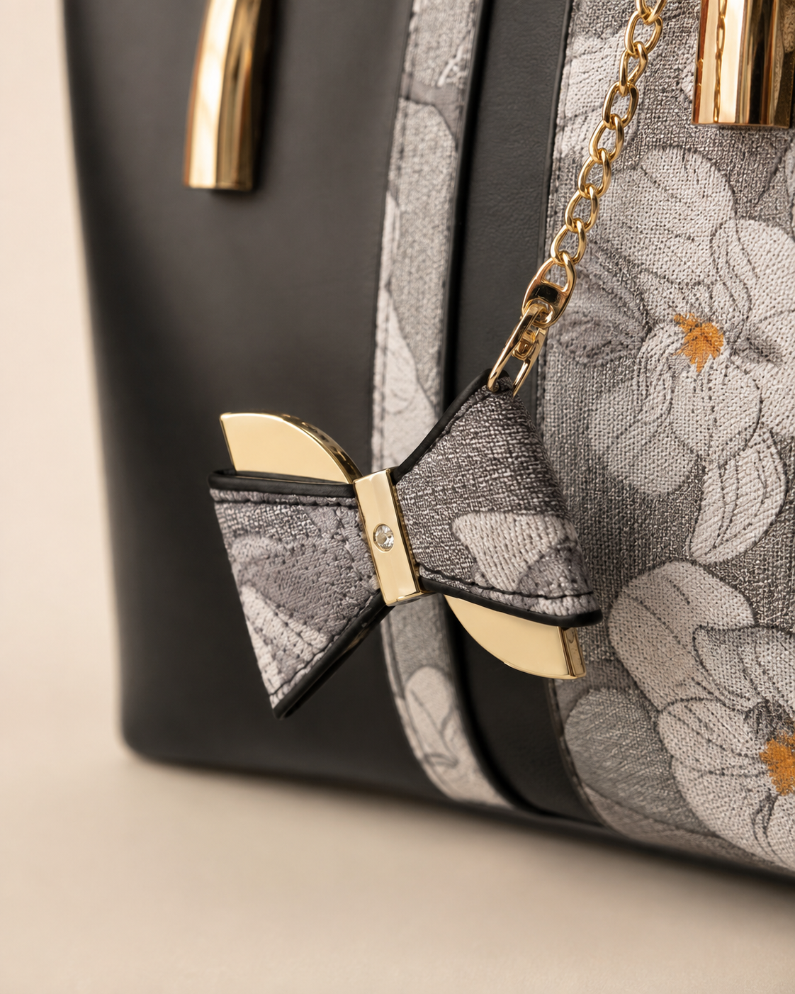 Black & Floral Print Structured Tote Bag