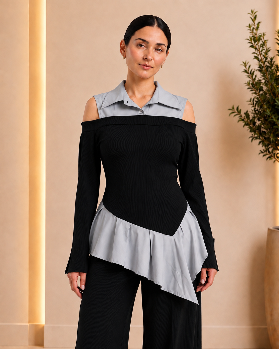 Black Ribbed Off-Shoulder Layered Top