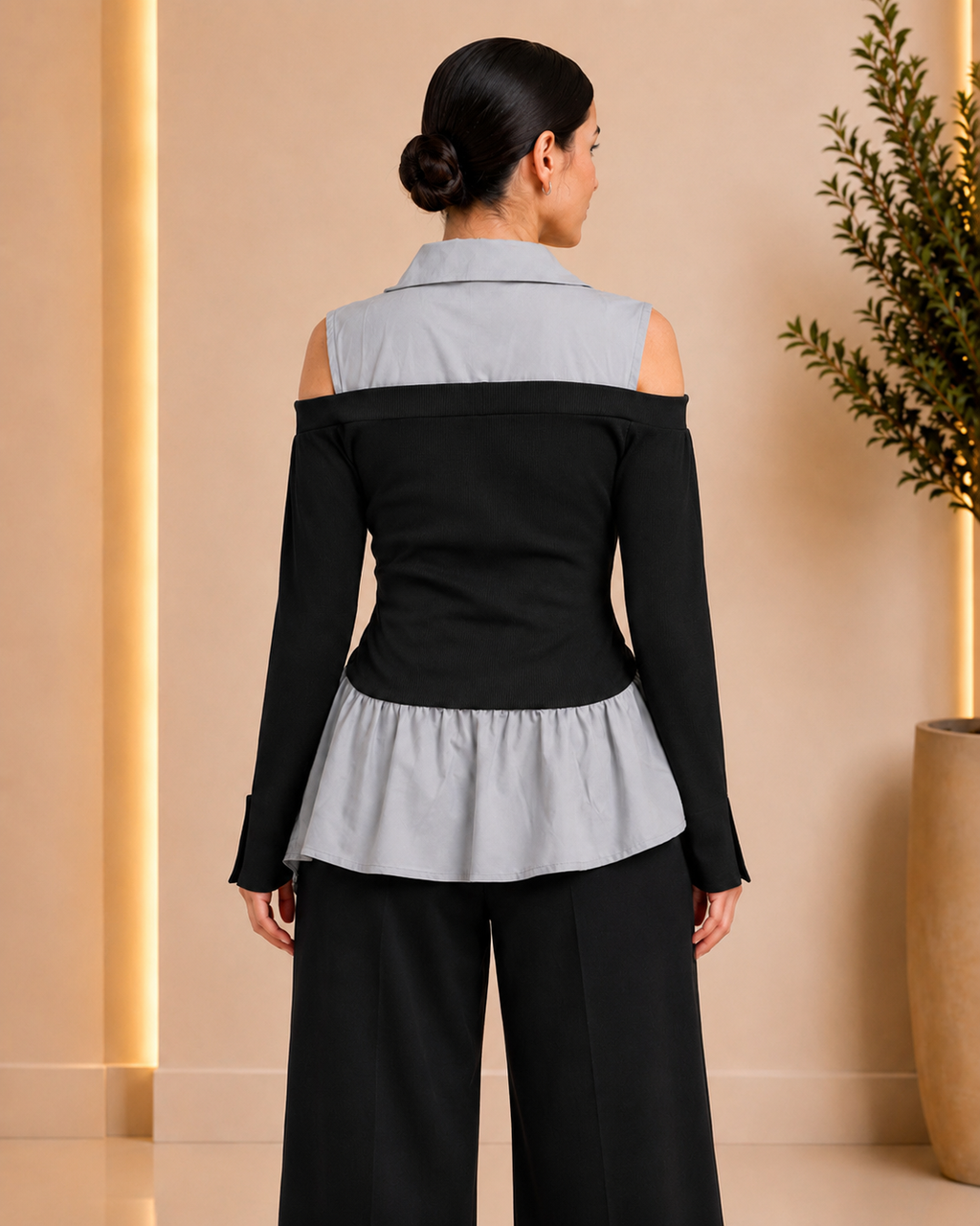 Black Ribbed Off-Shoulder Layered Top