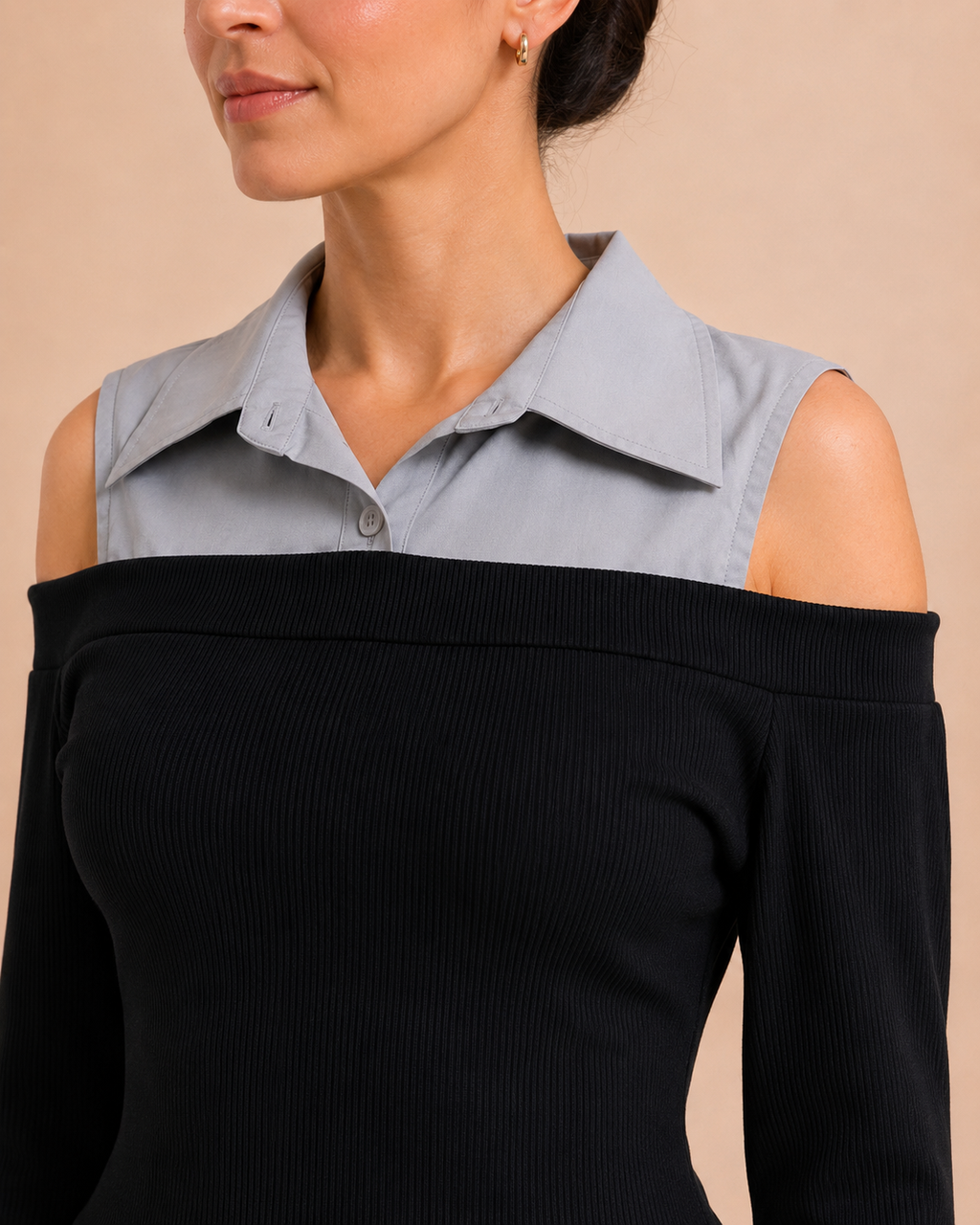 Black Ribbed Off-Shoulder Layered Top