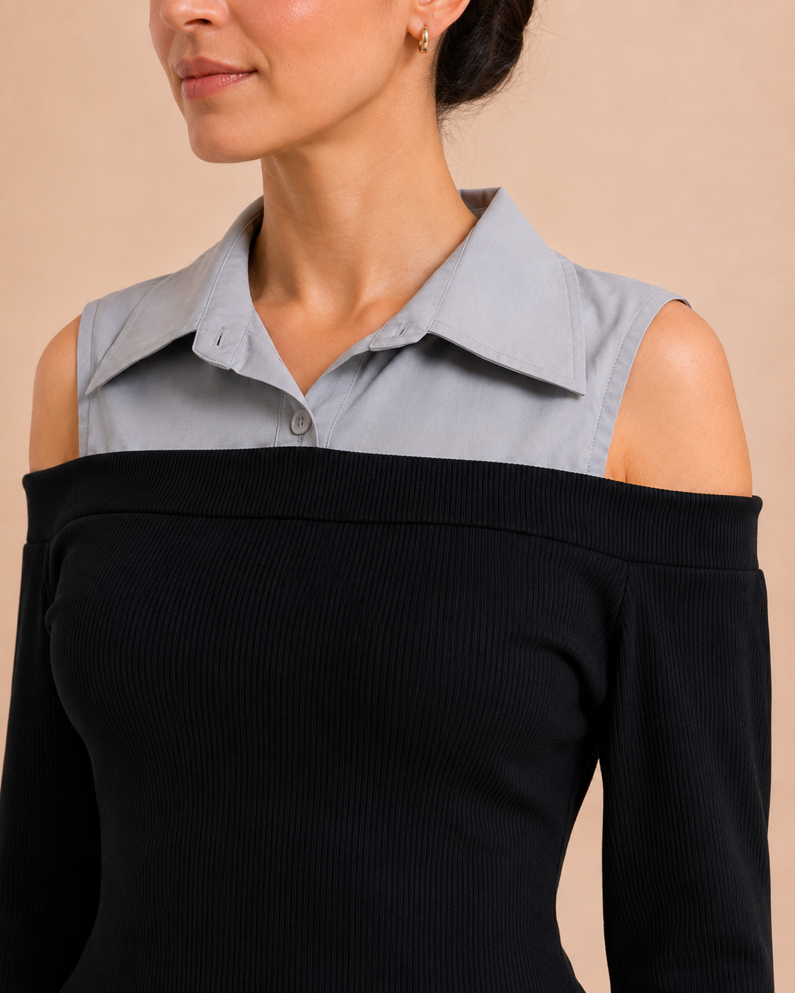 Black Ribbed Off-Shoulder Layered Top
