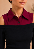 Burgundy & Black Ribbed Cold-Shoulder Top