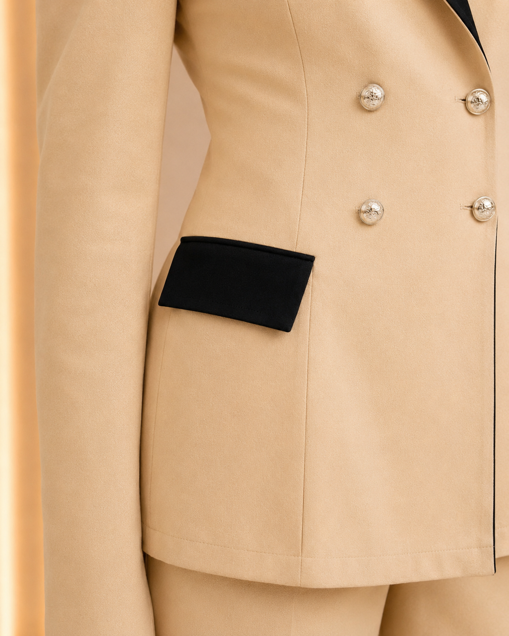 Beige Contrast Lapel Blazer