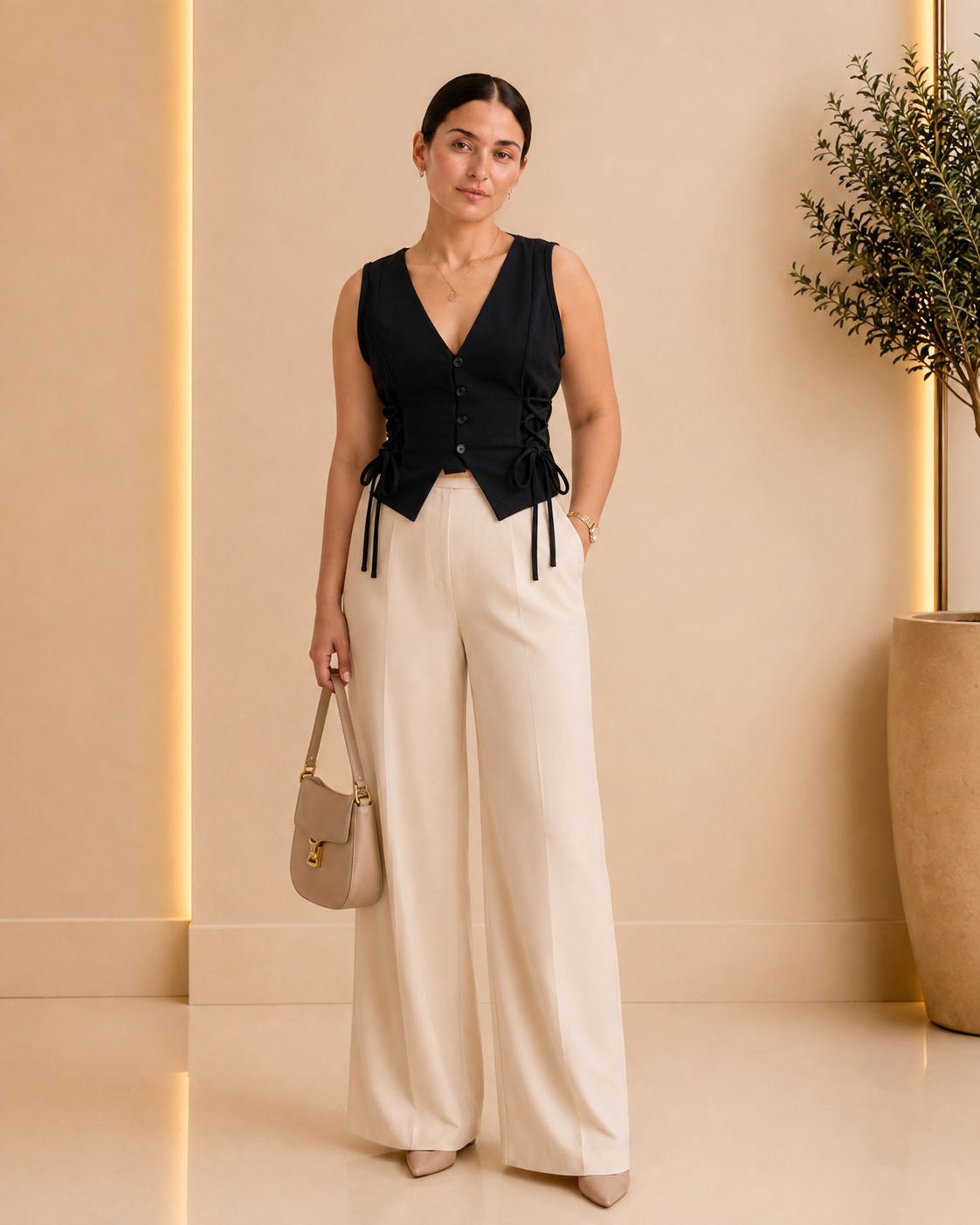 Black Lace-Up Tailored Vest