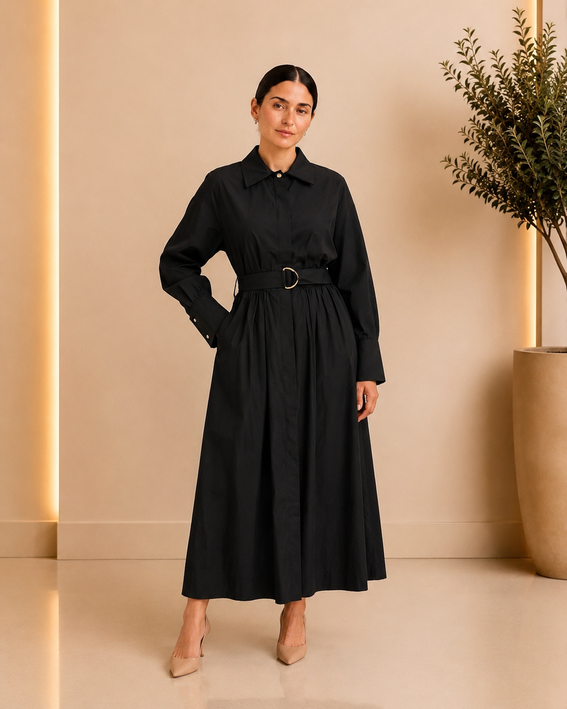 Elegant Black Belted Shirt Dress