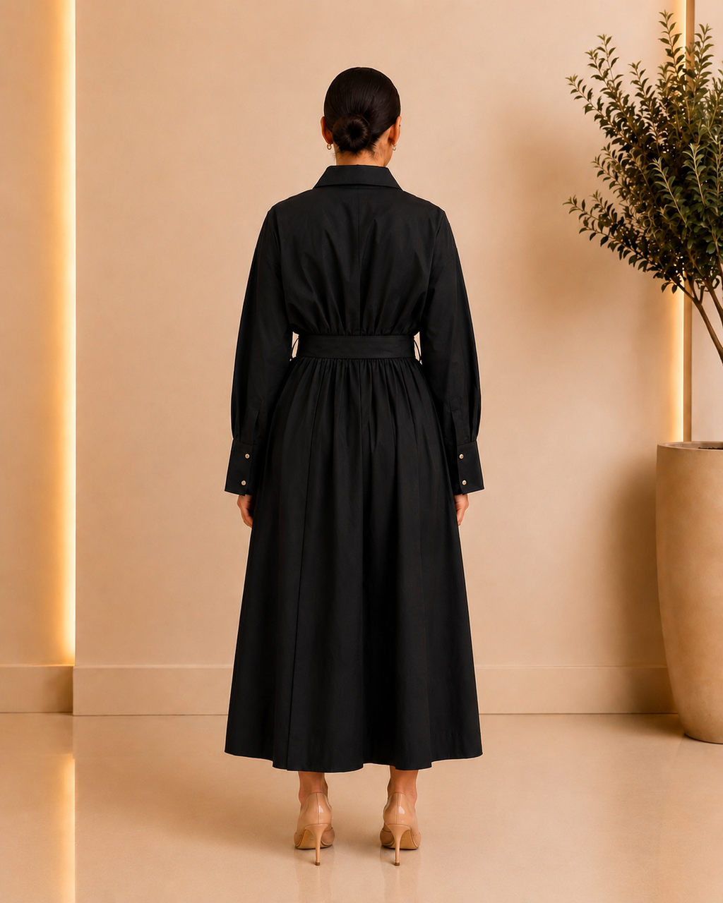 Elegant Black Belted Shirt Dress