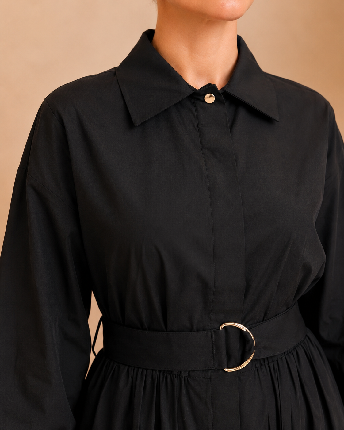 Elegant Black Belted Shirt Dress