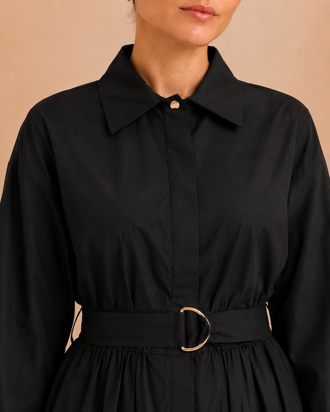 Elegant Black Belted Shirt Dress