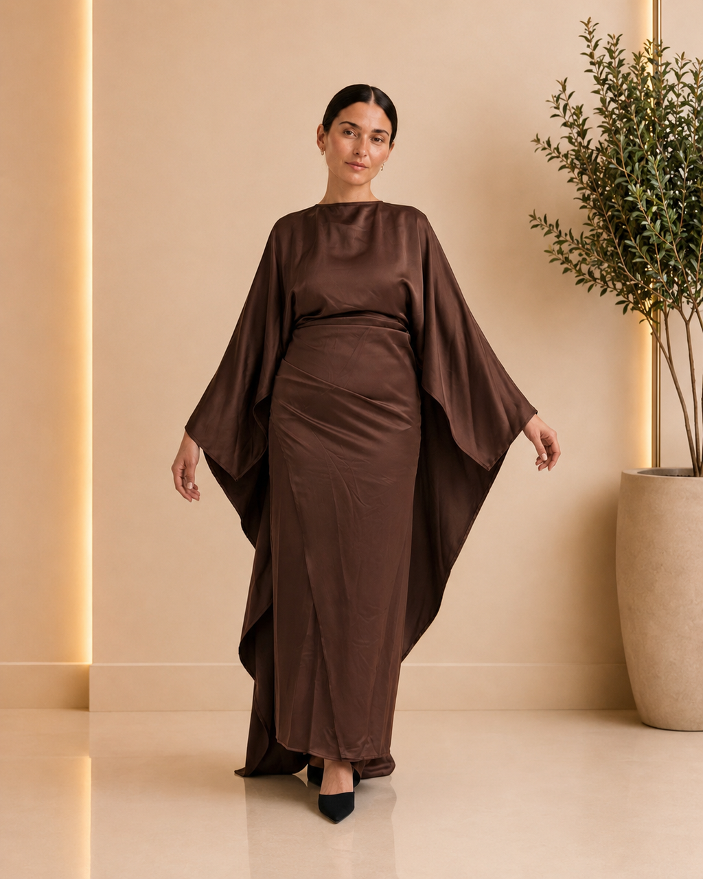 Chocolate Satin Draped Kaftan Dress