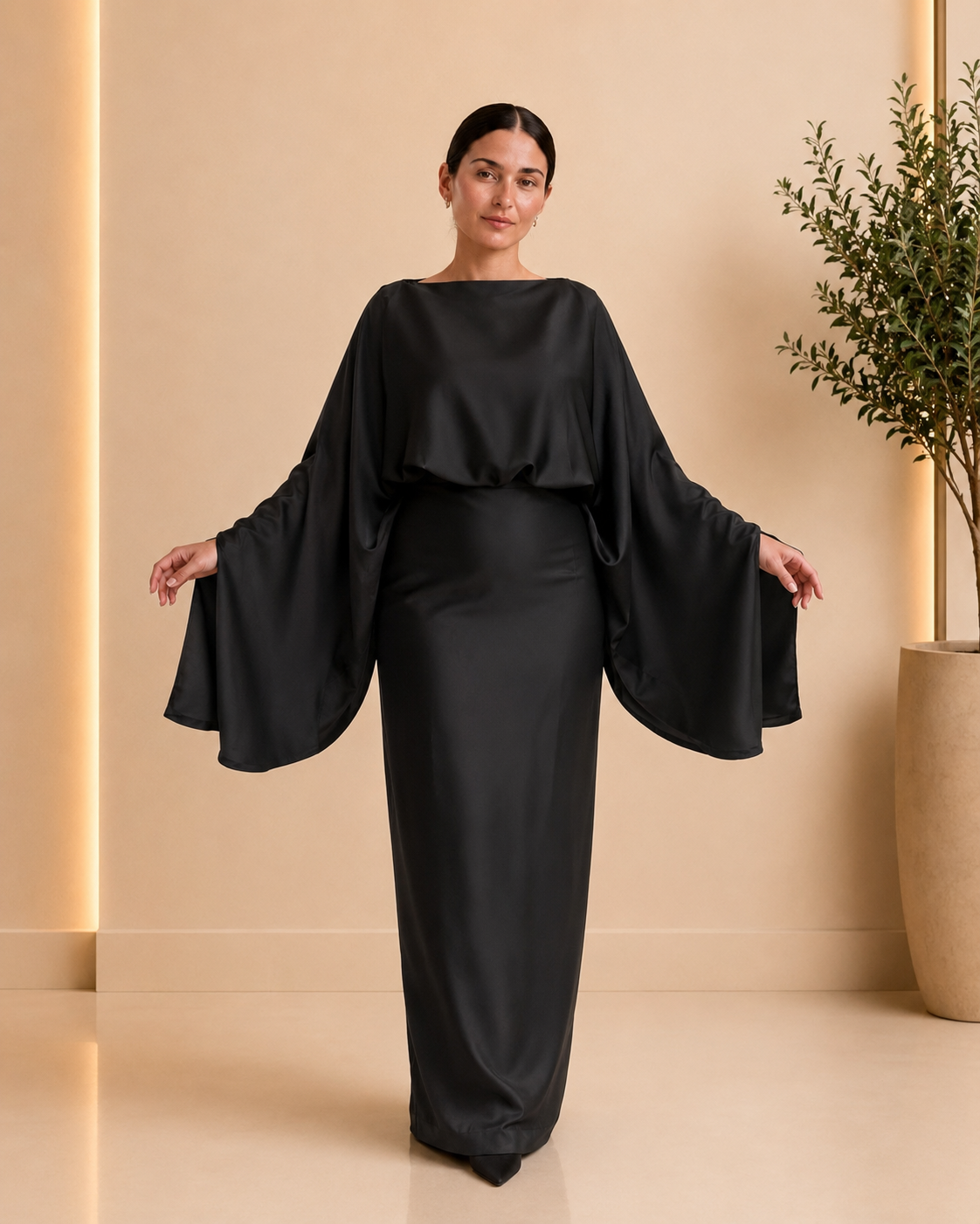 Black Satin Cape Sleeve Maxi Dress