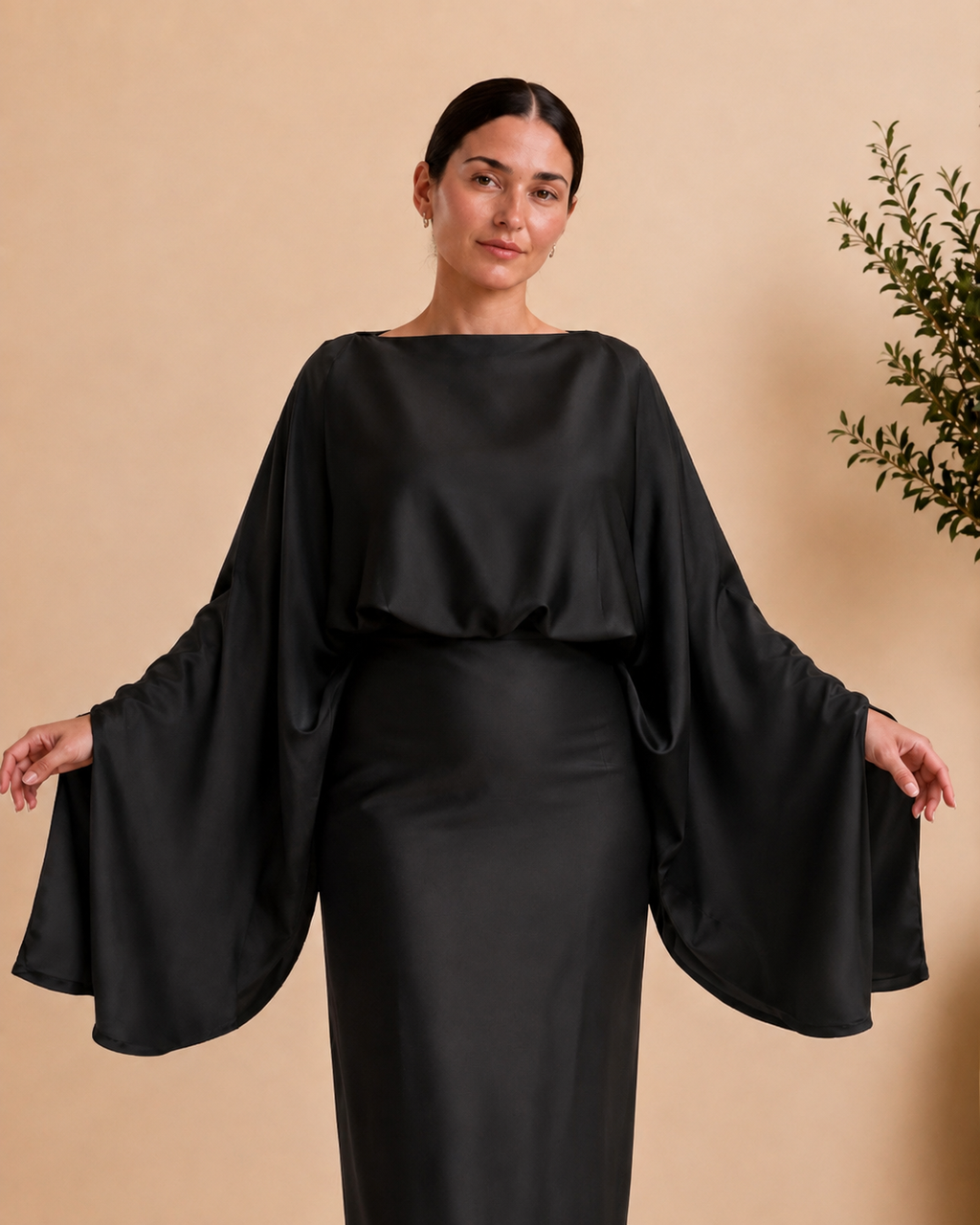 Black Satin Cape Sleeve Maxi Dress