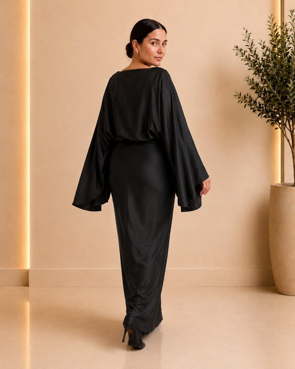 Black Satin Cape Sleeve Maxi Dress