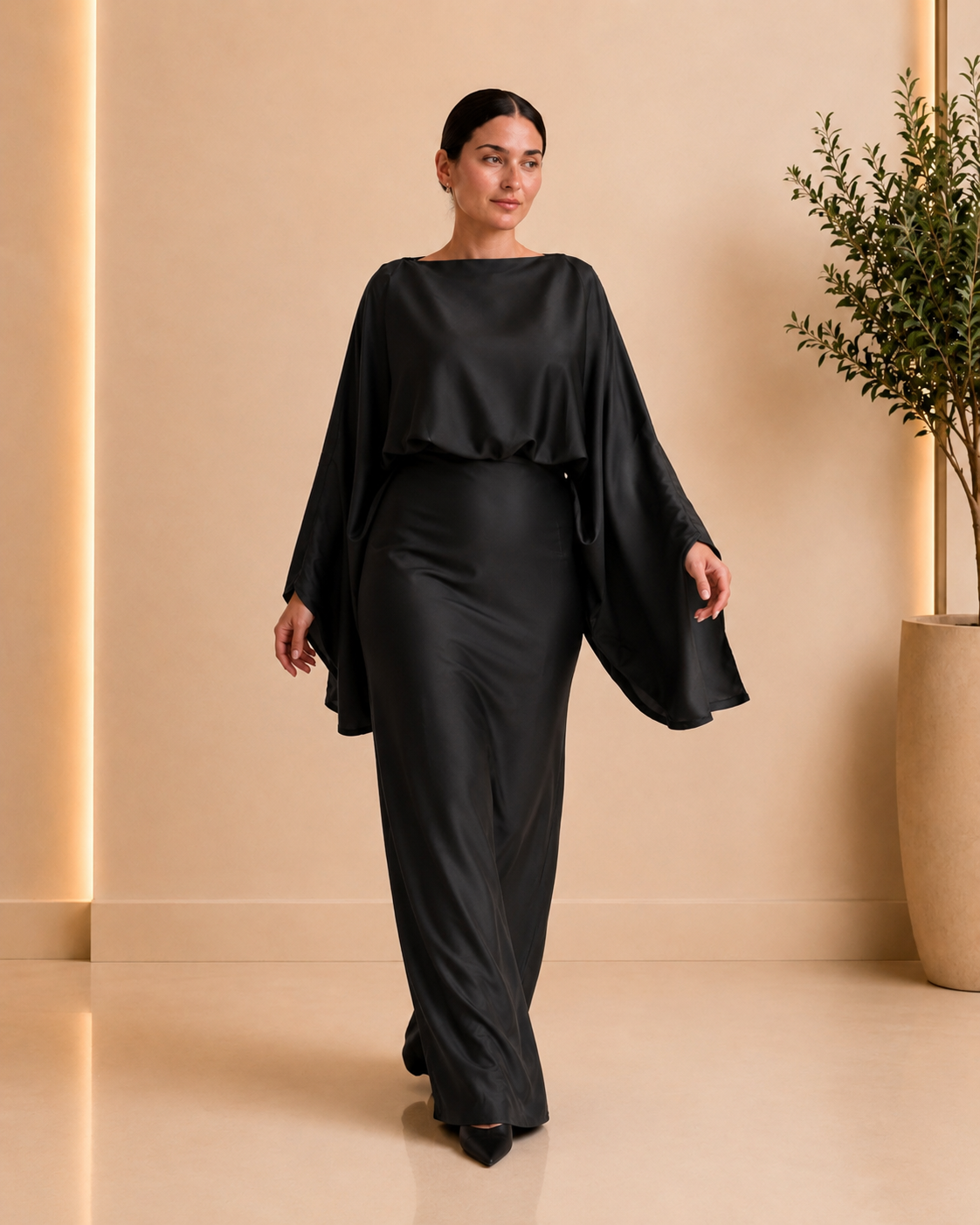 Black Satin Cape Sleeve Maxi Dress