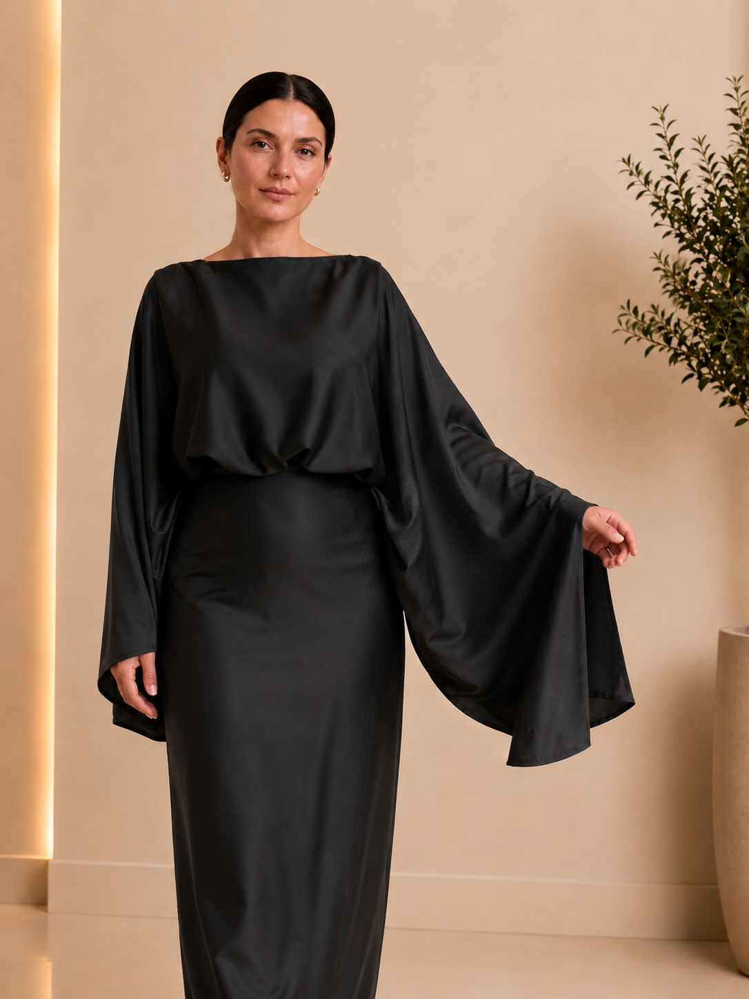 Black Satin Cape Sleeve Maxi Dress