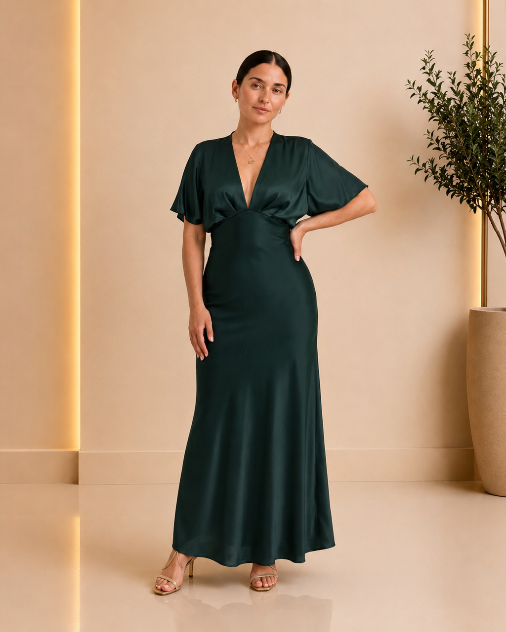 Emerald Satin Flutter Sleeve Maxi Dress