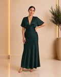 Emerald Satin Flutter Sleeve Maxi Dress
