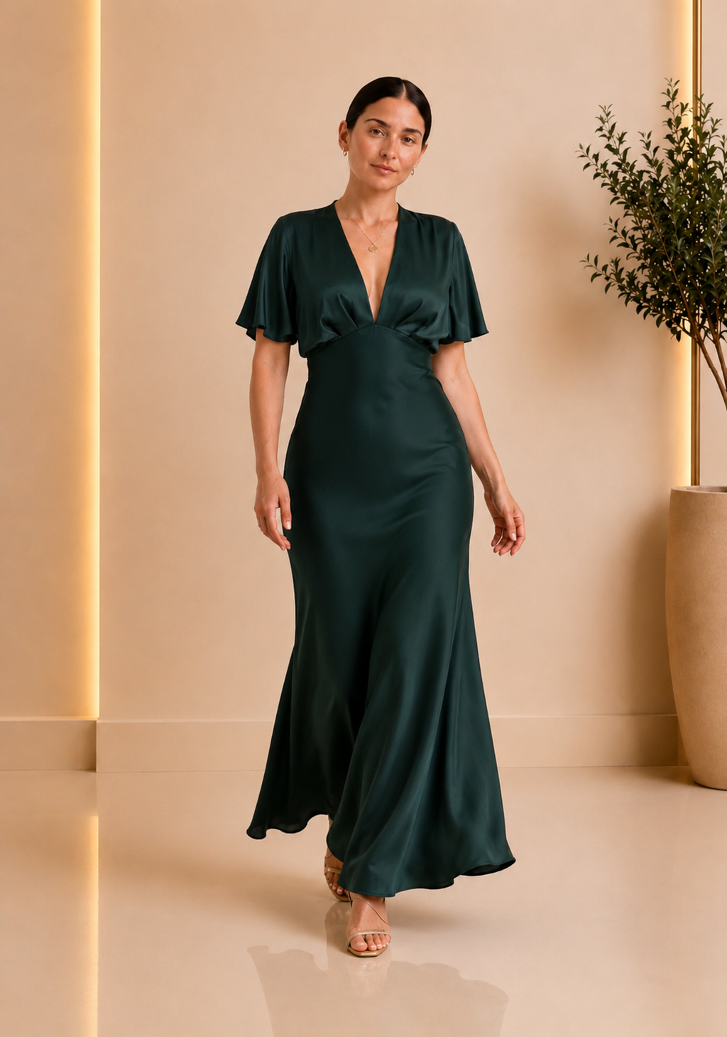 Emerald Satin Flutter Sleeve Maxi Dress