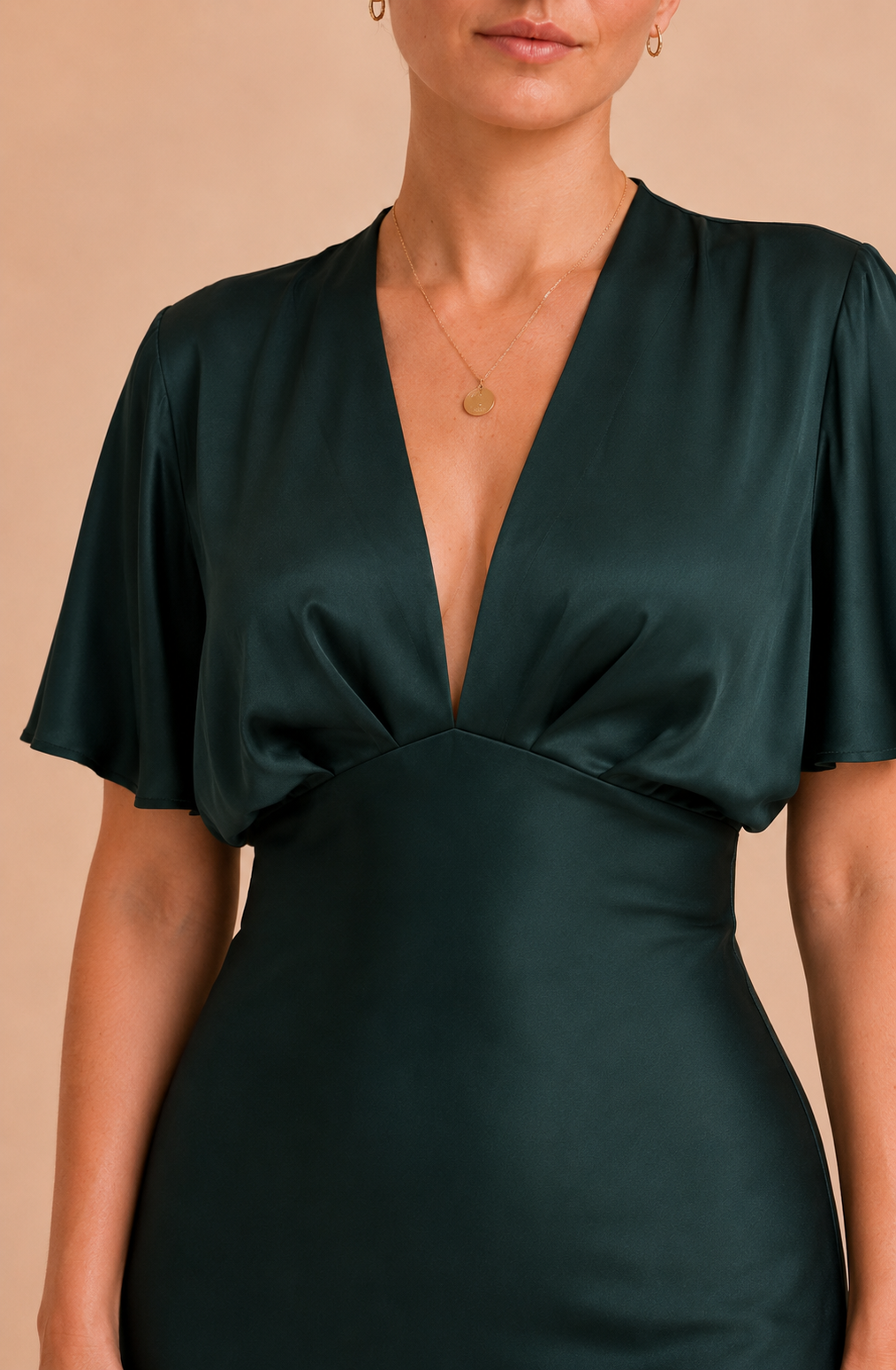 Emerald Satin Flutter Sleeve Maxi Dress