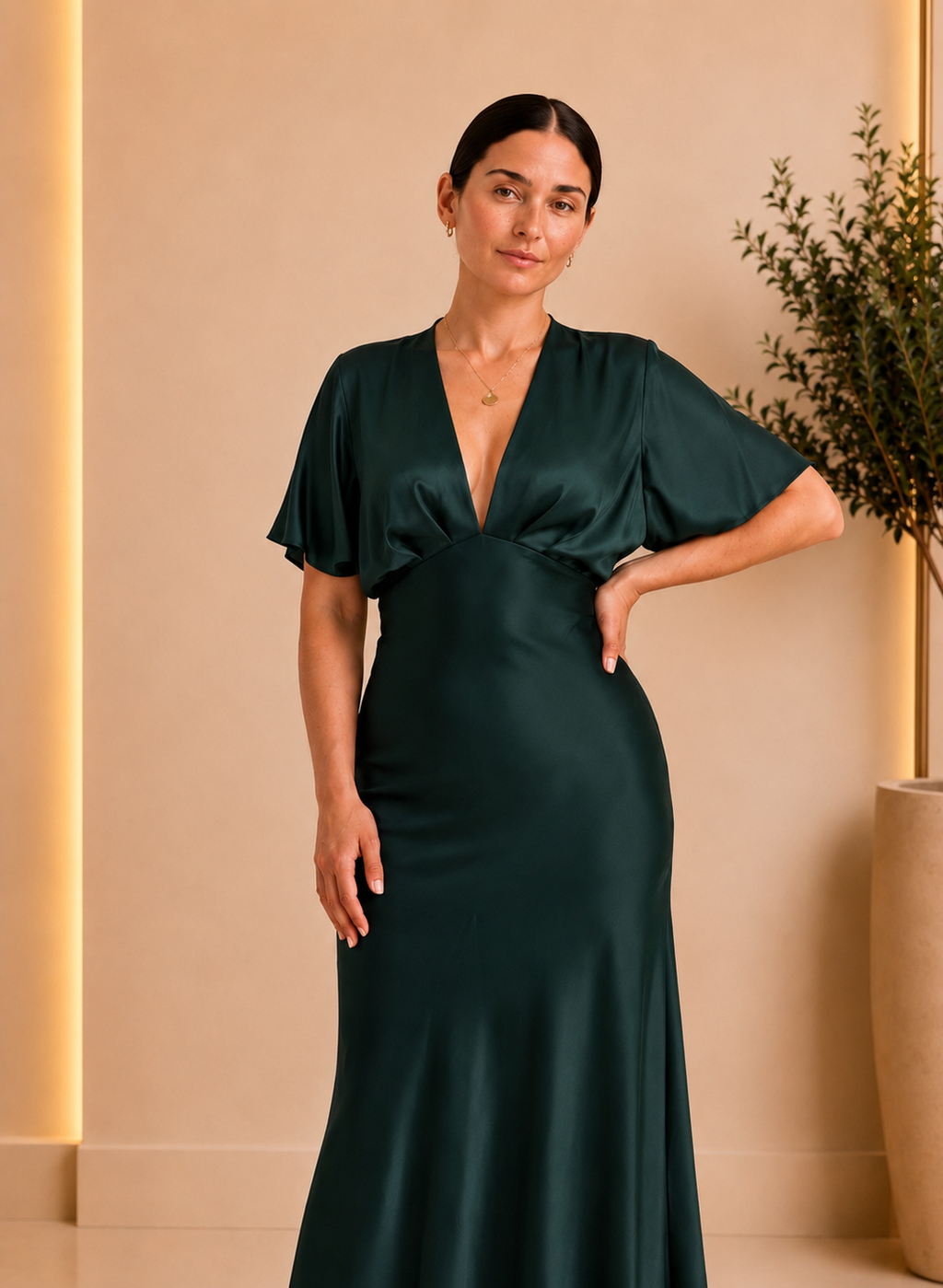 Emerald Satin Flutter Sleeve Maxi Dress