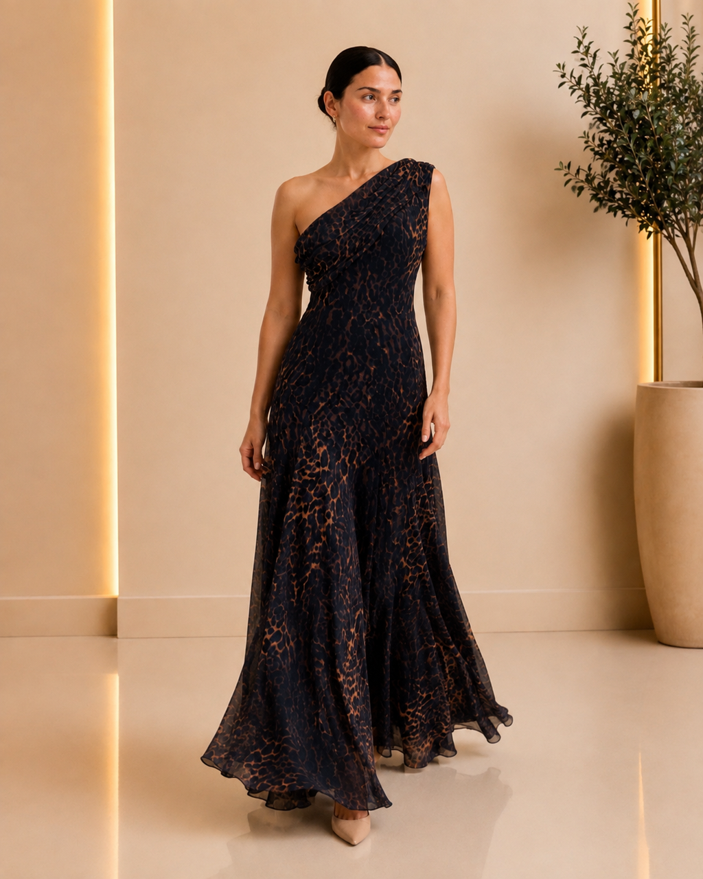 One-Shoulder Leopard Print Maxi Dress