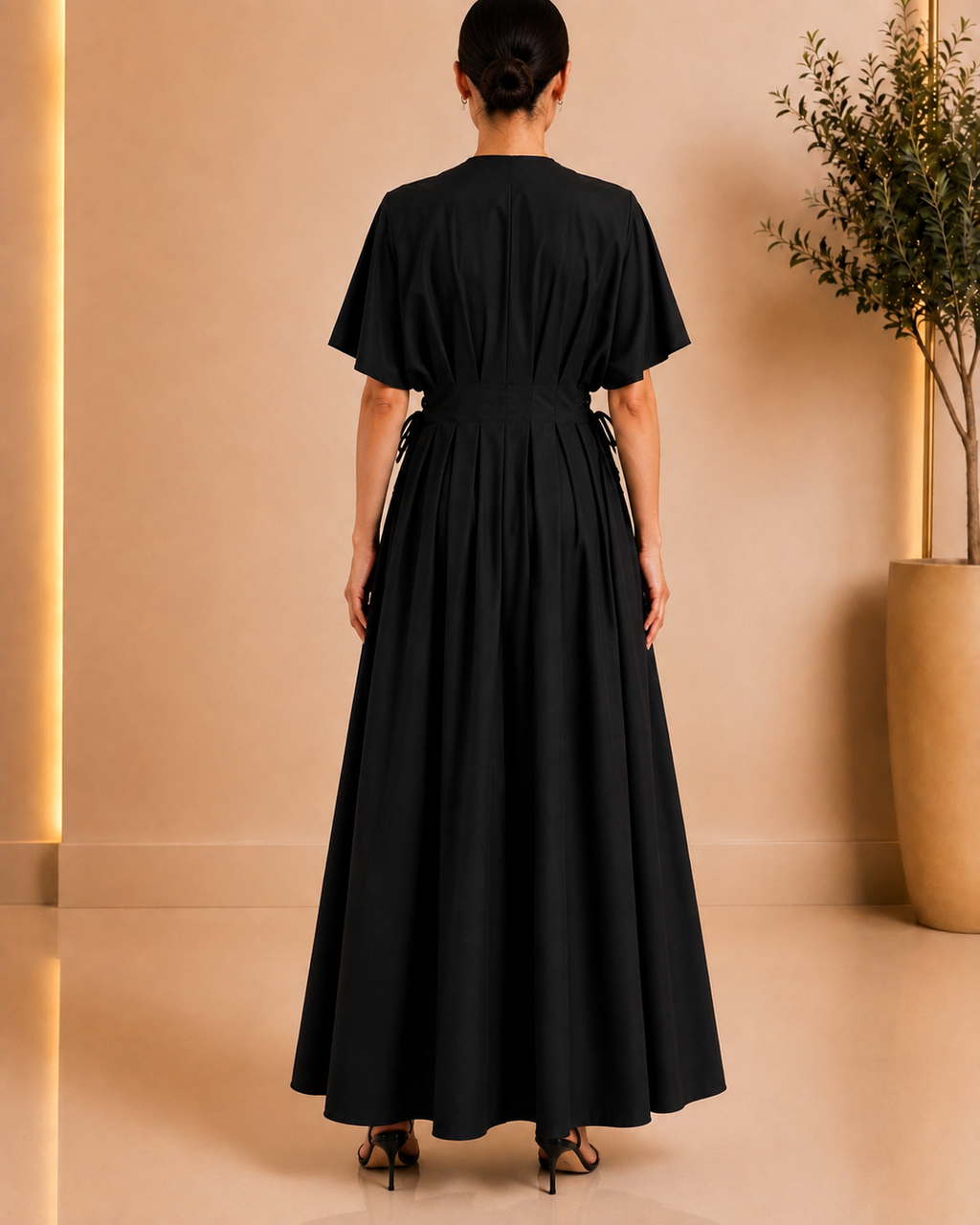 Black Pleated Waist Maxi Dress