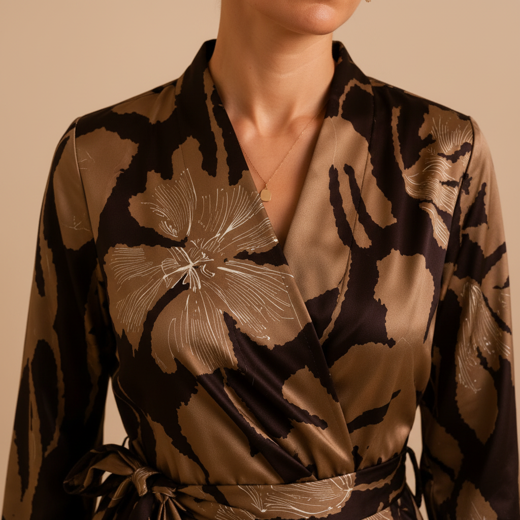 Mocha Bloom Satin Wrap Dress