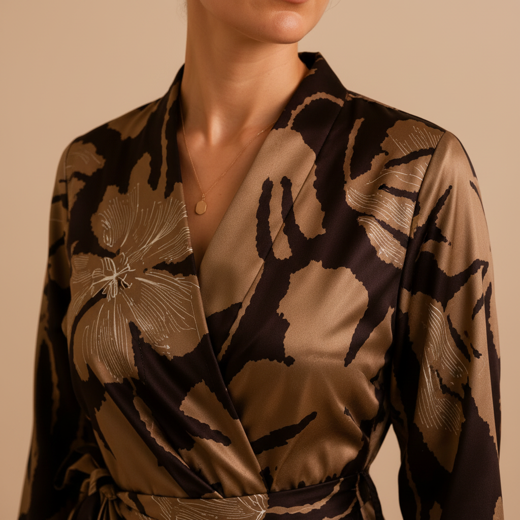 Mocha Bloom Satin Wrap Dress