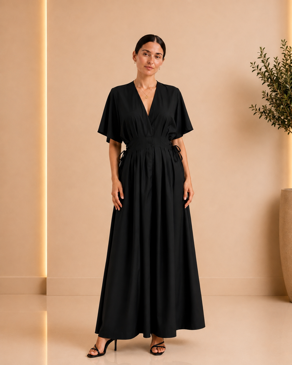 Black Pleated Waist Maxi Dress