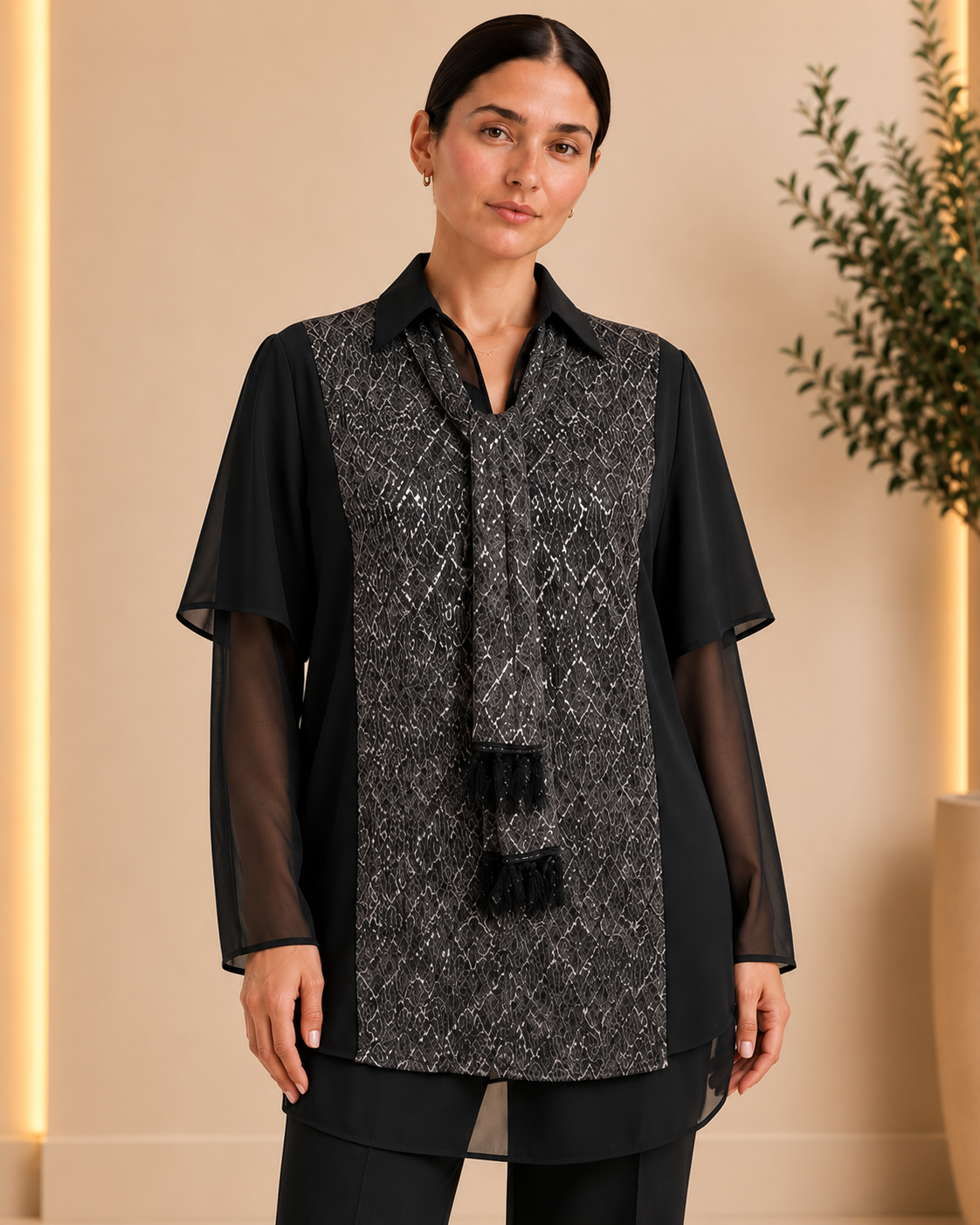 Metallic Lace Layered Black Shirt