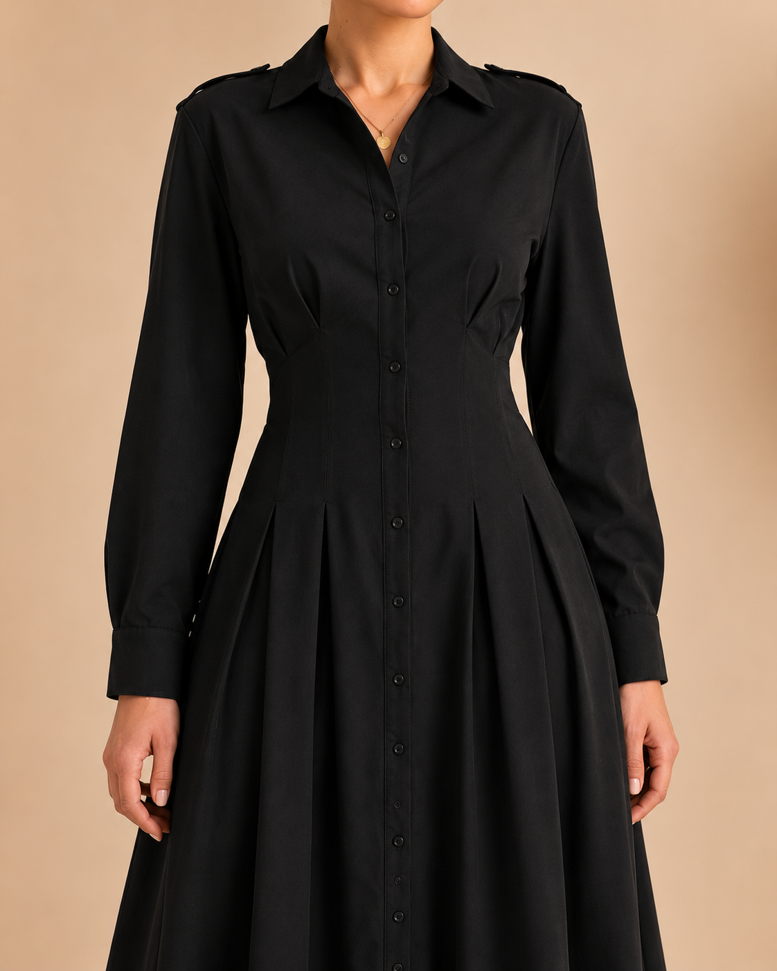 Black Pleated Button-Down Maxi Dress