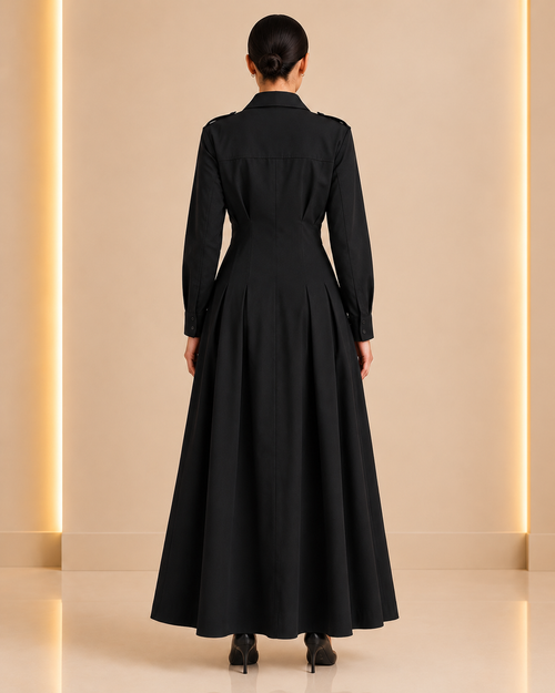 Black Pleated Button-Down Maxi Dress