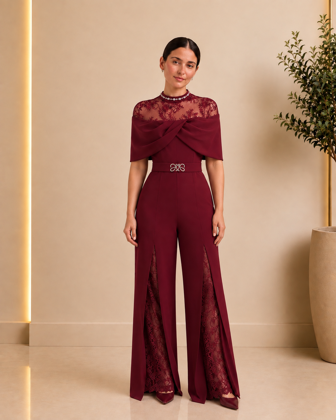 Burgundy Lace Cape Jumpsuit