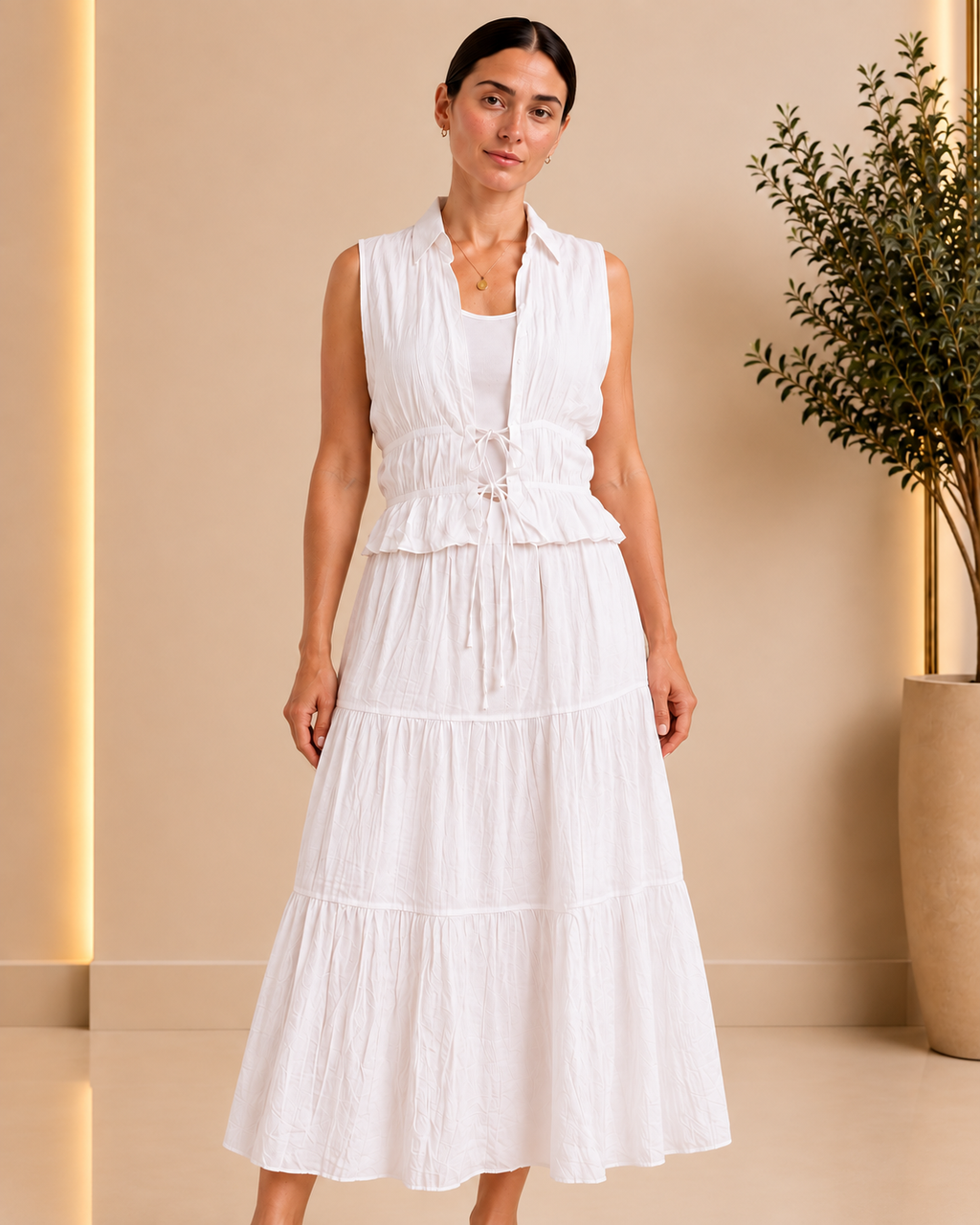 Ivory Tiered Skirt & Ruched Vest Set