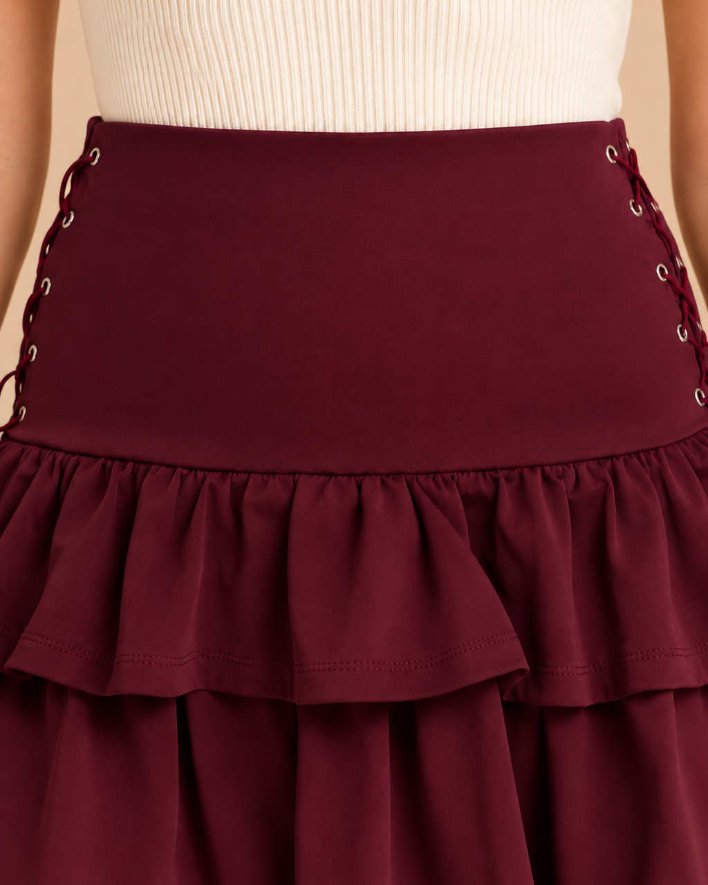 Burgundy Lace-Up Ruffle Mini Skirt