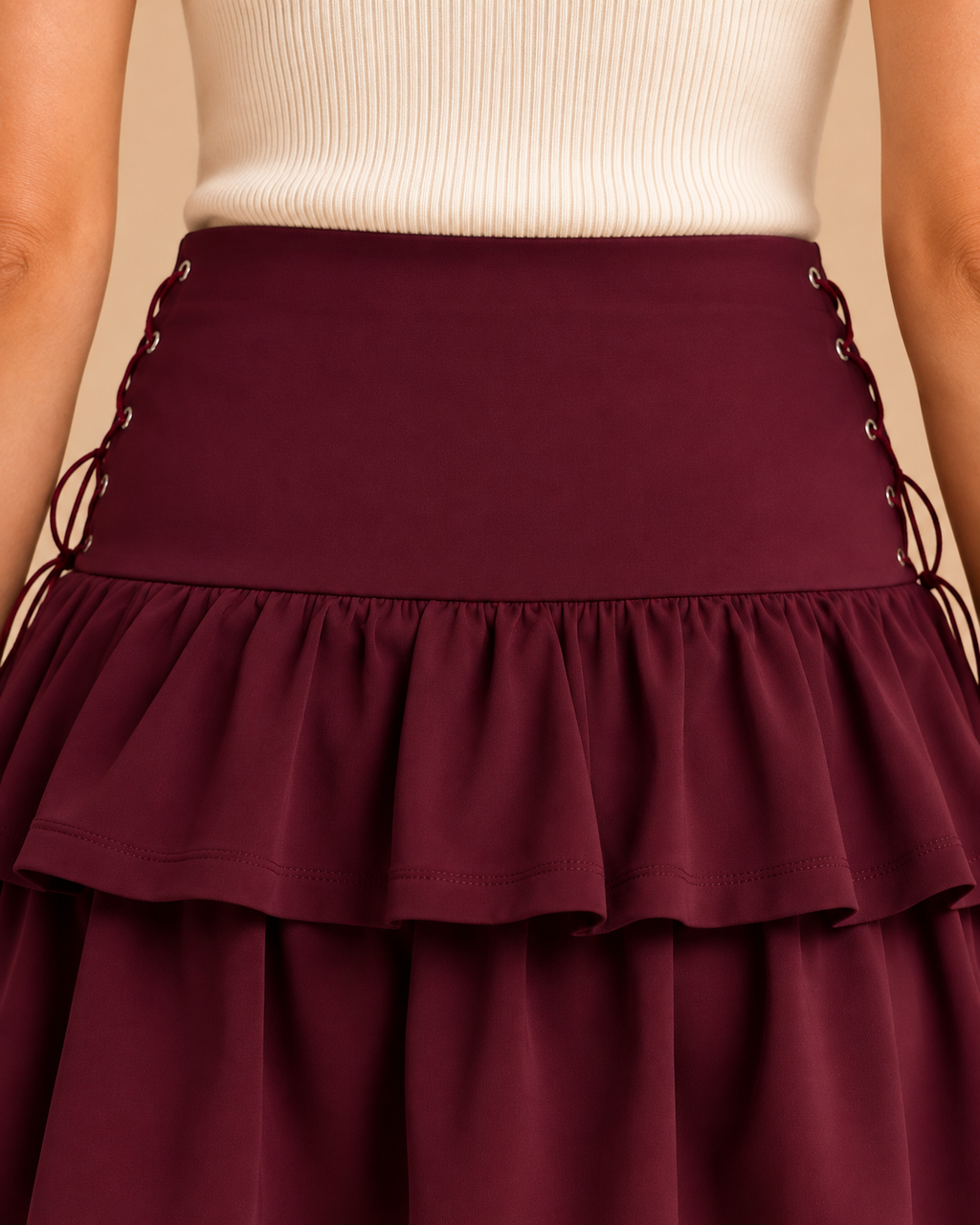 Burgundy Lace-Up Ruffle Mini Skirt