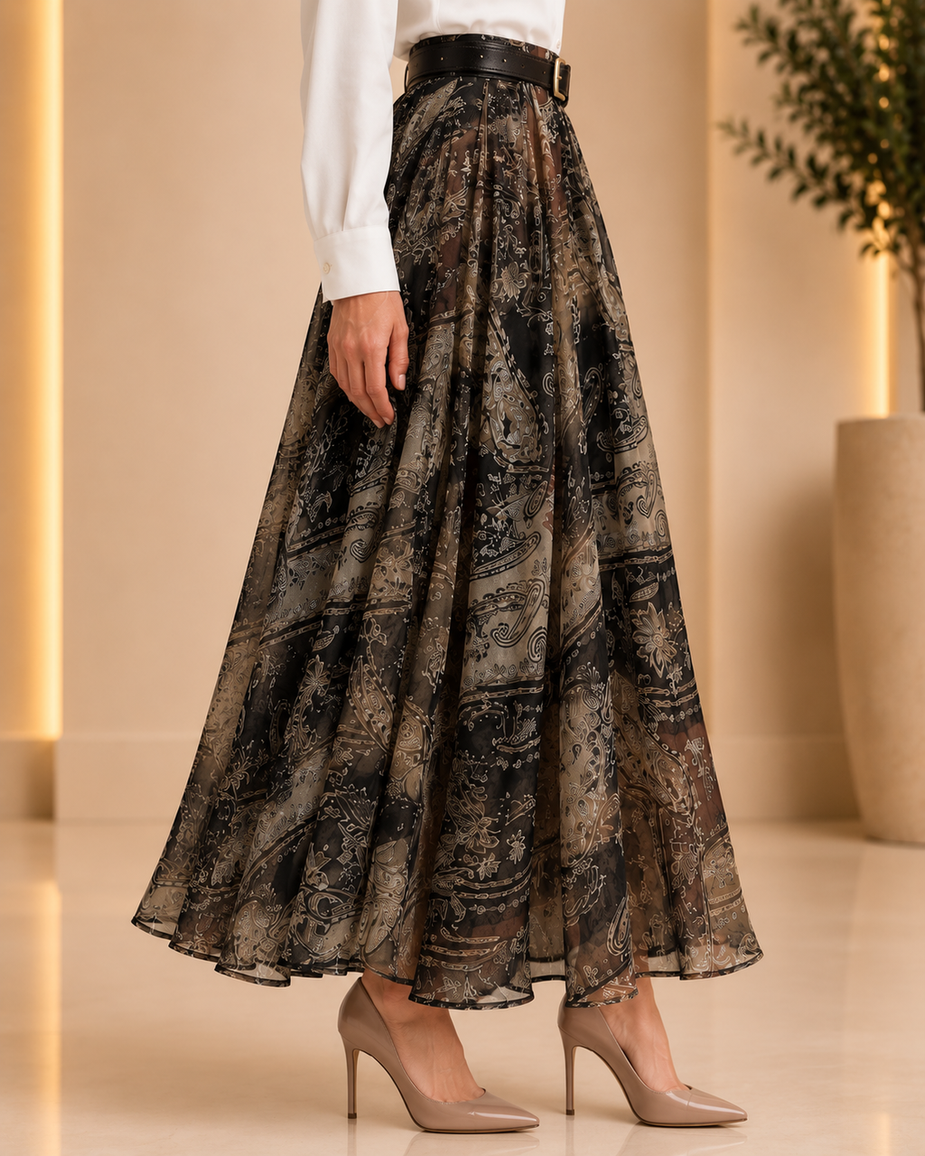 High-Waist Paisley Chiffon Maxi Skirt