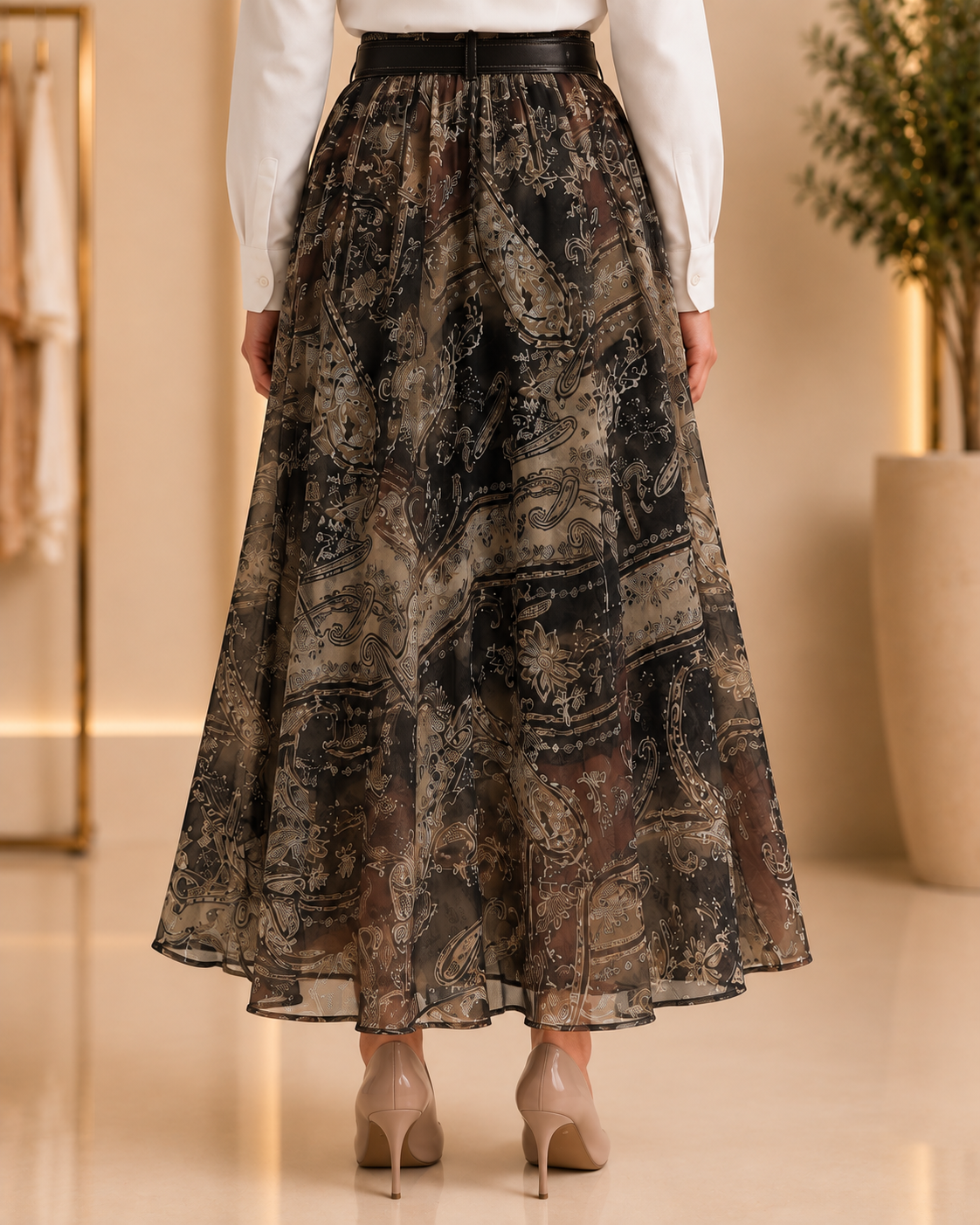 High-Waist Paisley Chiffon Maxi Skirt