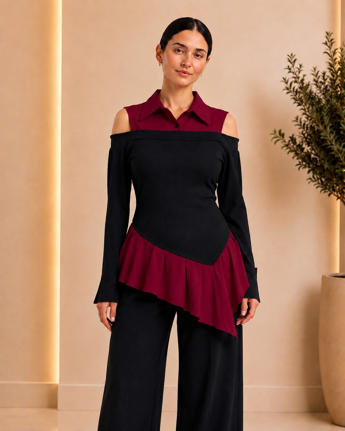 Burgundy & Black Ribbed Cold-Shoulder Top