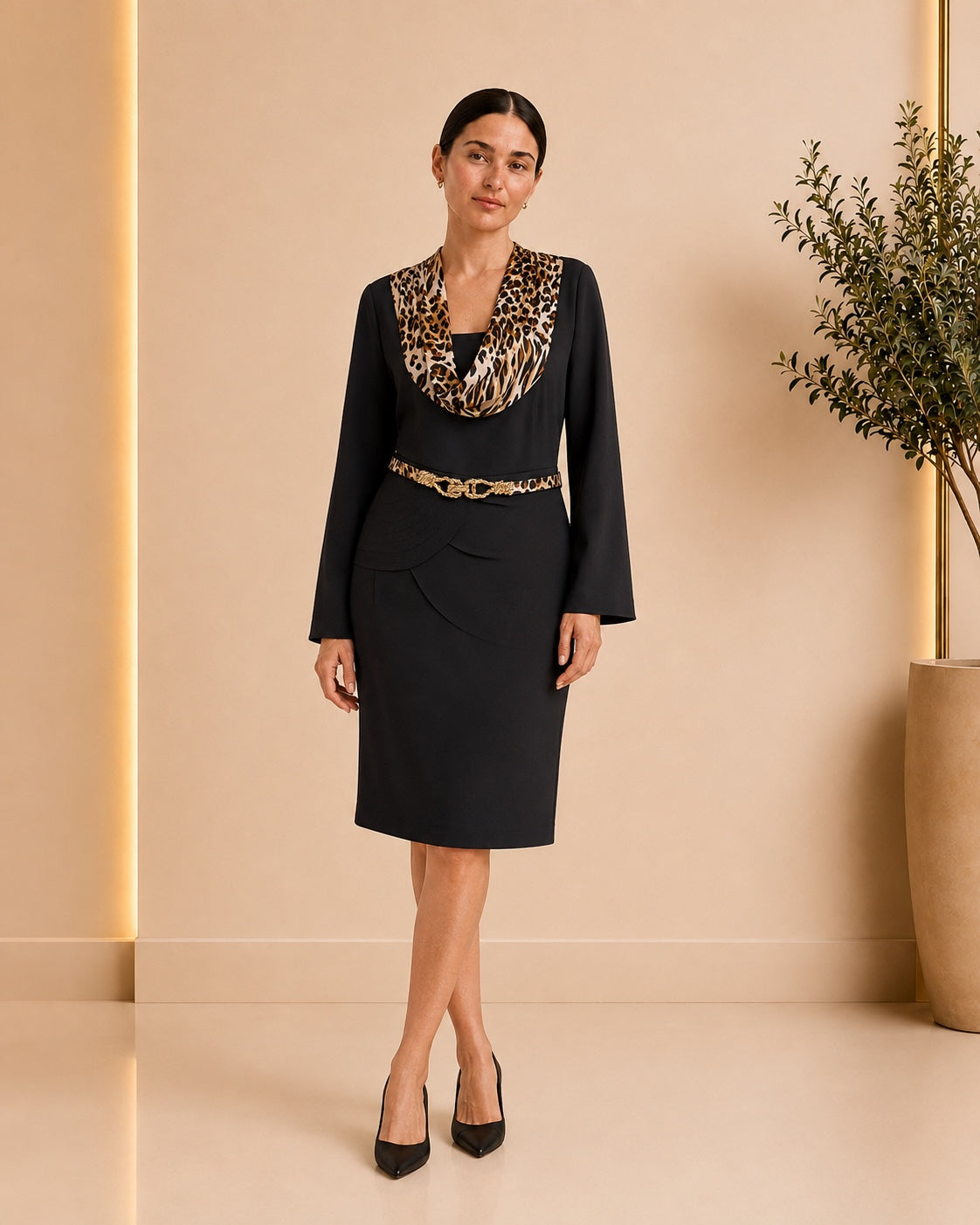 Animal Print Collar Belted Dress