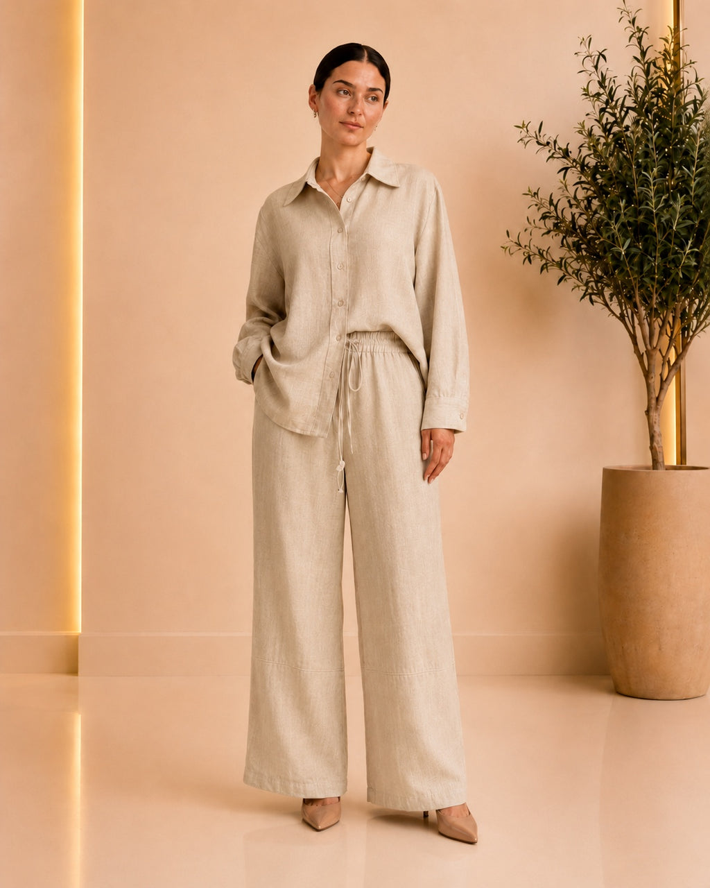 Linen-Blend Relaxed Shirt & Wide-Leg Pants Set